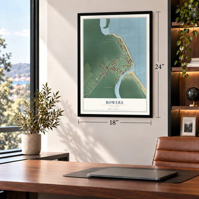 Bowers, Delaware map, 18 x 24 inch print in a black frame in a home office