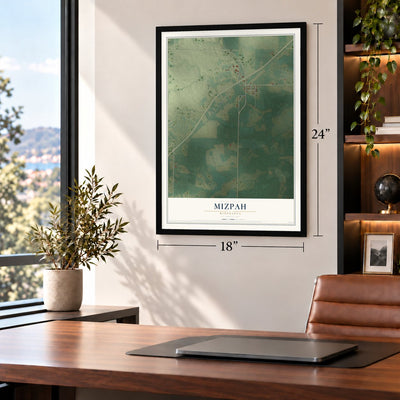 Mizpah, Minnesota map, 18 x 24 inch print in a black frame in a home office