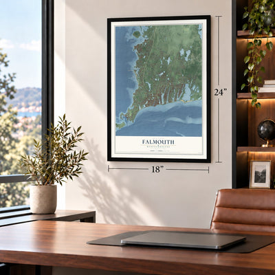 Falmouth, Massachusetts map, 18 x 24 inch print in a black frame in a home office