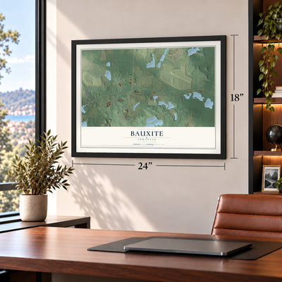 Bauxite, Arkansas map, 18 x 24 inch print in a black frame in a home office