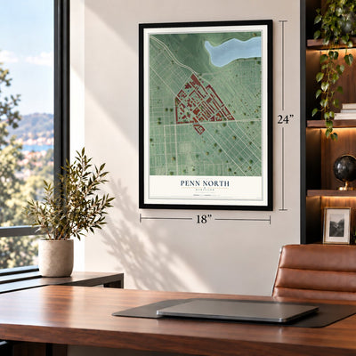 Penn North, Maryland map, 18 x 24 inch print in a black frame in a home office
