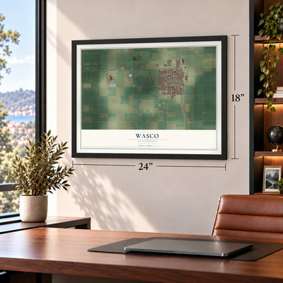 Wasco, California map, 18 x 24 inch print in a black frame in a home office