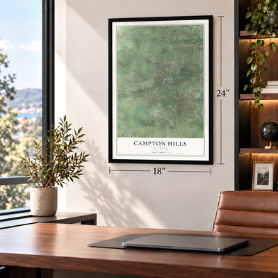 Campton Hills, Illinois map, 18 x 24 inch print in a black frame in a home office