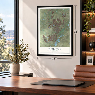 Thornton, Colorado map, 18 x 24 inch print in a black frame in a home office