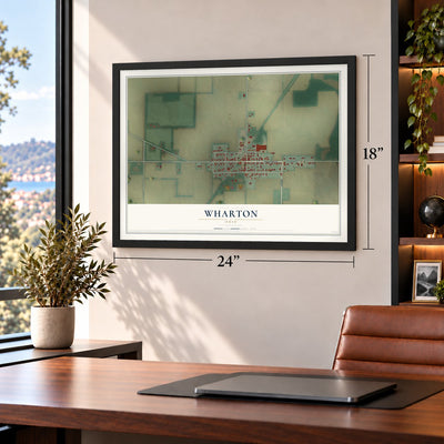 Wharton, Ohio map, 18 x 24 inch print in a black frame in a home office