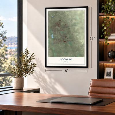 Socorro, Texas map, 18 x 24 inch print in a black frame in a home office
