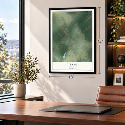 Girard, Georgia map, 18 x 24 inch print in a black frame in a home office