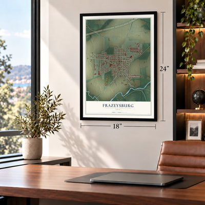 Frazeysburg, Ohio map, 18 x 24 inch print in a black frame in a home office