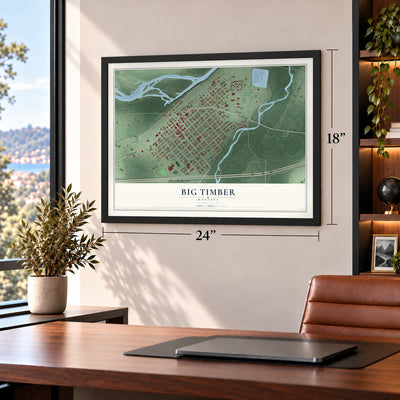 Big Timber, Montana map, 18 x 24 inch print in a black frame in a home office