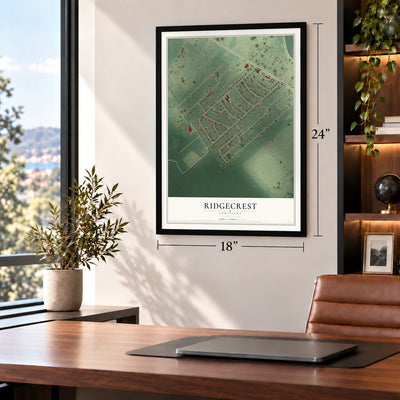 Ridgecrest, Louisiana map, 18 x 24 inch print in a black frame in a home office