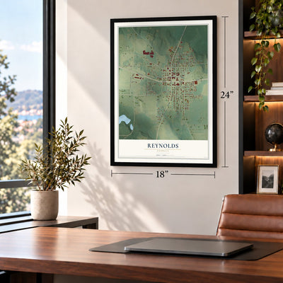 Reynolds, Georgia map, 18 x 24 inch print in a black frame in a home office