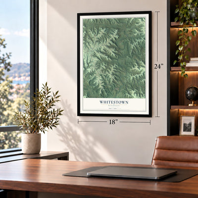 Whitestown, Wisconsin map, 18 x 24 inch print in a black frame in a home office