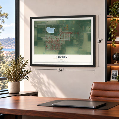 Luckey, Ohio map, 18 x 24 inch print in a black frame in a home office