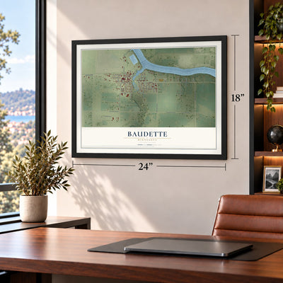 Baudette, Minnesota map, 18 x 24 inch print in a black frame in a home office