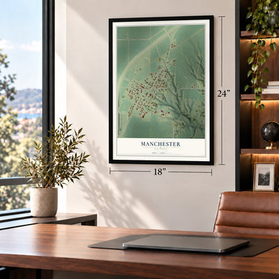 Manchester, Illinois map, 18 x 24 inch print in a black frame in a home office