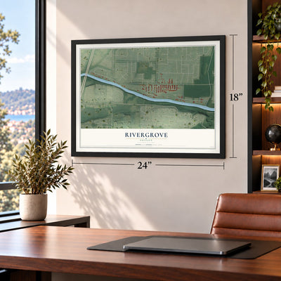 Rivergrove, Oregon map, 18 x 24 inch print in a black frame in a home office