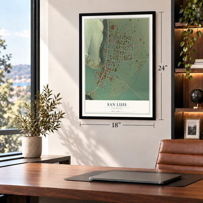 San Luis, Colorado map, 18 x 24 inch print in a black frame in a home office