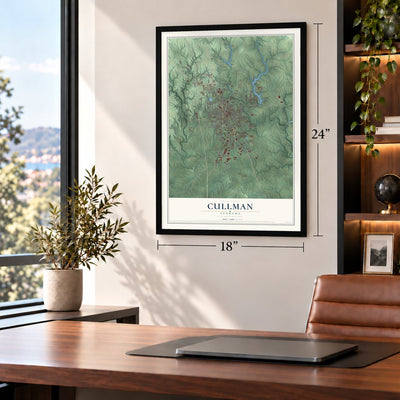 Cullman, Alabama map, 18 x 24 inch print in a black frame in a home office