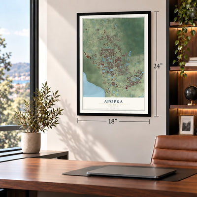 Apopka, Florida map, 18 x 24 inch print in a black frame in a home office