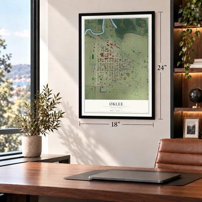 Oklee, Minnesota map, 18 x 24 inch print in a black frame in a home office