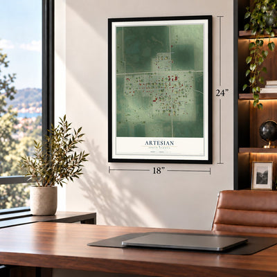 Artesian, South Dakota map, 18 x 24 inch print in a black frame in a home office