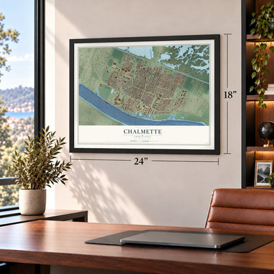 Chalmette, Louisiana map, 18 x 24 inch print in a black frame in a home office