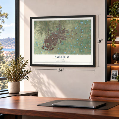 Amarillo, Texas map, 18 x 24 inch print in a black frame in a home office