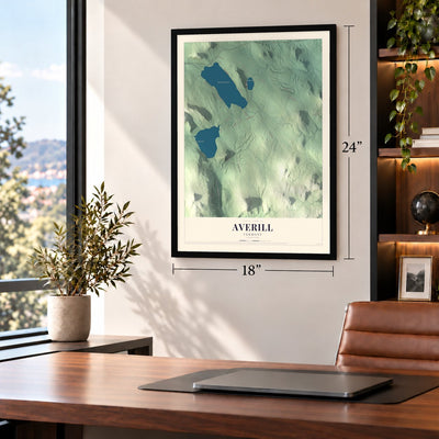 Averill, Vermont map, 18 x 24 inch print in a black frame in a home office