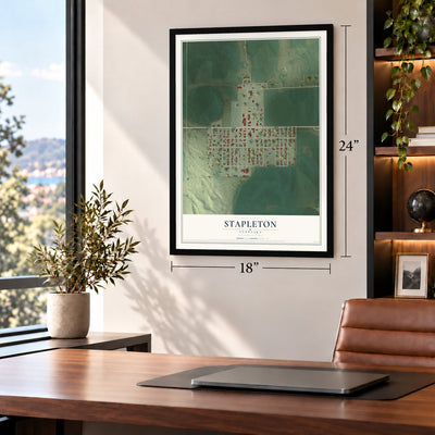 Stapleton, Nebraska map, 18 x 24 inch print in a black frame in a home office