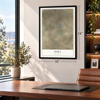 Dora, New Mexico map, 18 x 24 inch print in a black frame in a home office