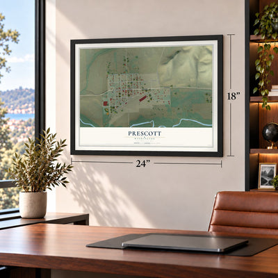 Prescott, Washington map, 18 x 24 inch print in a black frame in a home office