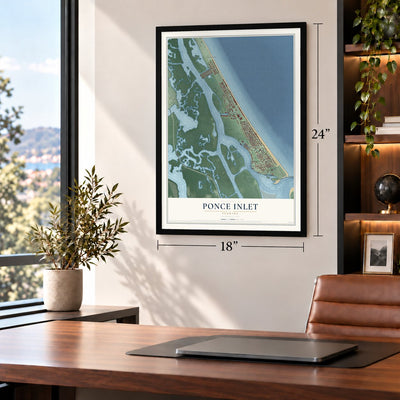 Ponce Inlet, Florida map, 18 x 24 inch print in a black frame in a home office
