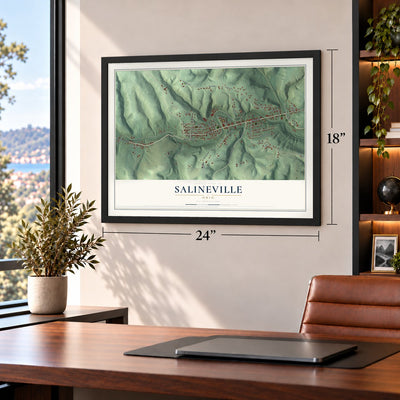 Salineville, Ohio map, 18 x 24 inch print in a black frame in a home office