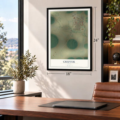 Gruver, Texas map, 18 x 24 inch print in a black frame in a home office