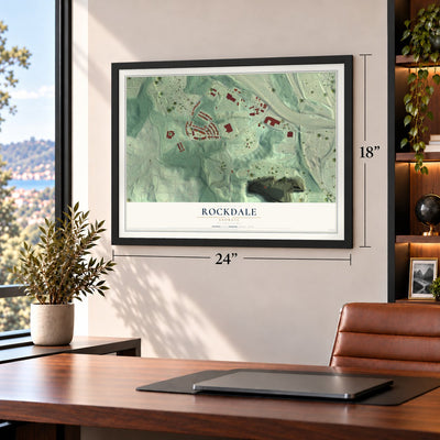 Rockdale, Georgia map, 18 x 24 inch print in a black frame in a home office