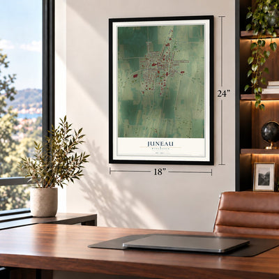 Juneau, Wisconsin map, 18 x 24 inch print in a black frame in a home office