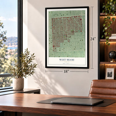 West Miami, Florida map, 18 x 24 inch print in a black frame in a home office