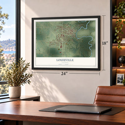 Louisville, Illinois map, 18 x 24 inch print in a black frame in a home office