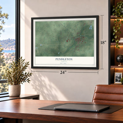 Pendleton, Indiana map, 18 x 24 inch print in a black frame in a home office