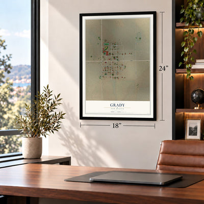 Grady, New Mexico map, 18 x 24 inch print in a black frame in a home office