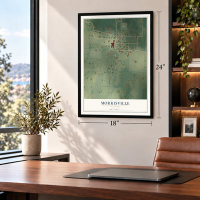 Morrisville, Missouri map, 18 x 24 inch print in a black frame in a home office