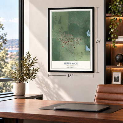 Hoffman, Minnesota map, 18 x 24 inch print in a black frame in a home office