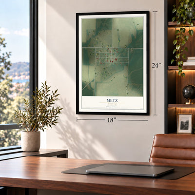 Metz, Missouri map, 18 x 24 inch print in a black frame in a home office