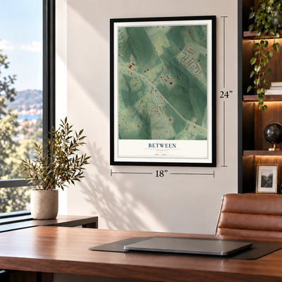 Between, Georgia map, 18 x 24 inch print in a black frame in a home office