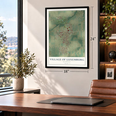 Luxemburg, Wisconsin map, 18 x 24 inch print in a black frame in a home office