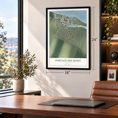 Portage Des Sioux, Missouri map, 18 x 24 inch print in a black frame in a home office