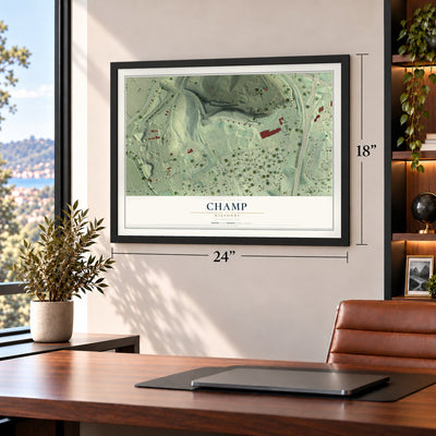 Champ, Missouri map, 18 x 24 inch print in a black frame in a home office