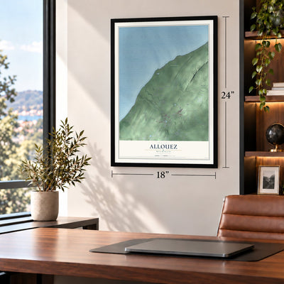 Allouez, Michigan map, 18 x 24 inch print in a black frame in a home office