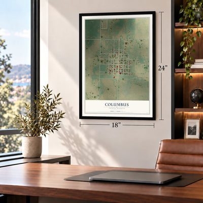 Columbus, North Dakota map, 18 x 24 inch print in a black frame in a home office