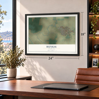 Bunkie, Louisiana map, 18 x 24 inch print in a black frame in a home office
